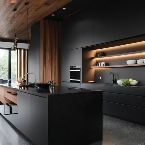 Step into luxury with this modern kitchen featuring a sleek black cabinetry and warm wooden accents. ✨ The standout island with a stunning black speckled countertop is perfect for culinary creations. 🍴 Adorned with horizontal wooden slats and open shelves for a cozy yet functional vibe. Thoughtfully integrated lighting and large windows create a bright and inviting space. 🌟 A harmonious blend of modern design and natural elements awaits you in this culinary haven. 🌿 Black Island Countertop, Black Cabinetry, Black Modern Kitchen, Modern Black Kitchen, Modern Contemporary Kitchen, Integrated Lighting, Black Fireplace, Island Countertops, Wooden Slats