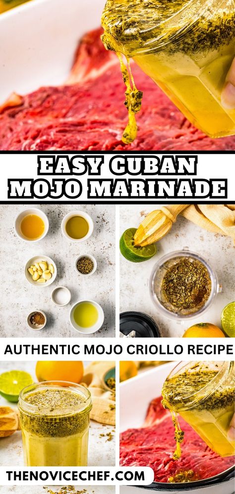 Authentic, homemade, Cuban Mojo Criollo is so easy to make, and so worth it! This bold and punchy marinade makes any meat more tender and flavorful. Use it on pork, beef, chicken, shrimp, and even veggies for that perfect Cuban flair! Cuban Steak Marinade, Pernil Cuban Style, Cuban Pork Tenderloin Recipes, Homemade Mojo Marinade, Cuban Pork Marinade, Mojo Pork Marinade, Mojo Recipe Cuban, Cuban Mustard Recipe, Cuban Crackers Recipe