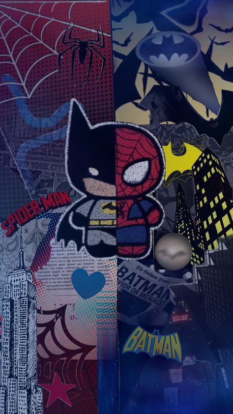 silly little collage #spiderman #batman #iambatman #red #blue #yellow #marvel #DC #comics #wallpaper #aesthetic Spiderman Wall Collage, Cute Wallpapers Marvel, Miles Morales Wallpaper Computer, Spider Man Web Wallpaper, Batman Spiderman Wallpaper, Blue Batman Wallpaper, Batman Collage Wallpaper, Green Spiderman Aesthetic, Wallpapers For Two People