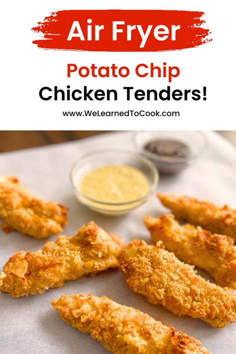 Air Fryer Potato Chip Chicken Tenders are tender, juicy, packed with flavor and healthier than traditional fried chicken tenders. We used salt and vinegar kettle-style chips for this recipe, but you can use almost any style and flavor of potato chips! Potato Chip Chicken Tenders, Chip Chicken Tenders, Chip Chicken, Air Fryer Potato Chips, Potato Chip Chicken, Air Fryer Potato, Breaded Chicken Tenders, Air Fryer Chicken Tenders, Fried Chicken Tenders