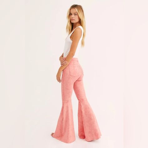 Nwt Free People Just Float On Pink Denim Flare Jeans Size 24 Retail $78 Denim Flare Jeans, All Jeans, Free People Jeans, Denim Flares, Boho Outfits, Vneck Sweater, Bell Bottom Jeans, Flare Jeans, Date Night