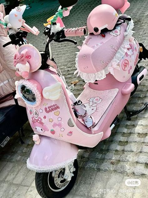 Pink Motorcycle Aesthetic, Hello Kitty Motorcycle, Kawaii Cars, Pink Motorbike, Motorcycle Cute, Hello Kitty Bike, Cute Motorcycle, Pink Scooter, Pink Motorcycle