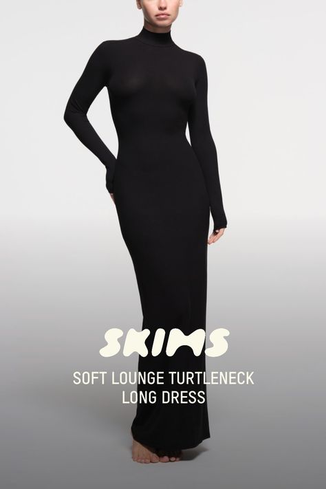 Every closet needs this dress. Featuring a chic turtleneck, this full-length number will take your wardrobe to the next level. Made with our viral slinky fabric that gives you the most flattering hourglass shape. Fits true to size. XXS-XL 2X-4X Length 56 1/2” 58” | SKIMS Turtleneck Long Dress | Black | 2XS | Soft Lounge Skims Long Sleeve Dress Outfit, Skims Turtleneck, Black Maxi Dress Style, Long Sleeve Dress Outfit, Black Turtleneck Dress, Long Dress Black, Long Sleeve Turtleneck Dress, Closet Needs, Western Style Outfits