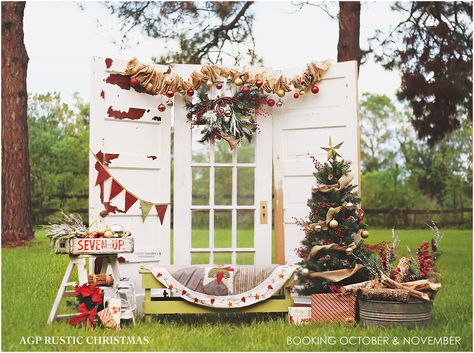 Rustic Christmas 2015 #Rustic #Christmas #Burlap #Red #Gold Designed by: Ashley Gambino Country Santa Photoshoot, Outdoor Photography Props, Santa Set Up For Pictures Outdoors, Outdoor Santa Photoshoot Setup, Rustic Christmas Mini Session Ideas, Christmas Barn Photo Session, Country Christmas Photo Backdrop, Christmas Mini Sessions Outdoor, Diy Christmas Photoshoot