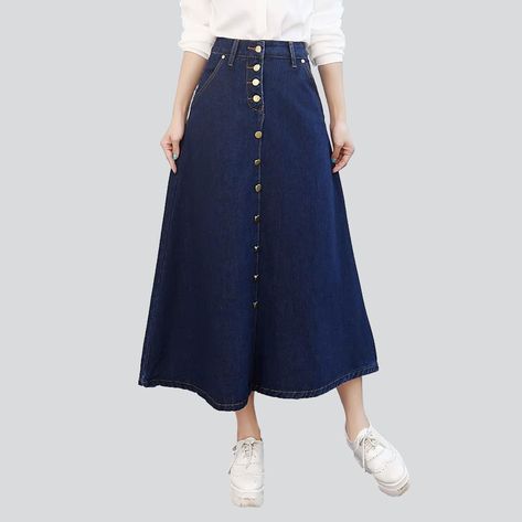 A Shape Skirt, Long Jeans Skirt, Rok Denim, Denim Skirts Online, Denim Button Skirt, A Line Denim Skirt, Skirt Pockets, Button Skirt, Denim Patterns