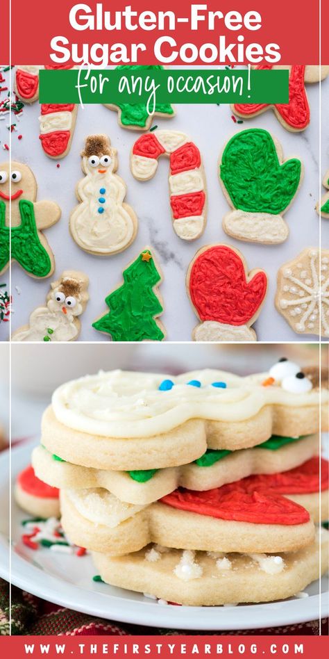 gluten free cut out sugar cookies pin with overlay text Gluten Free Christmas Baking, Dairy Free Sugar Cookies, Gluten Free Christmas Desserts, King Arthur Gluten Free, Gluten Free Christmas Cookies, Gluten Free Sugar Cookies, Gluten Free Holiday, Gluten Free Cookie Recipes, Gluten Free Christmas