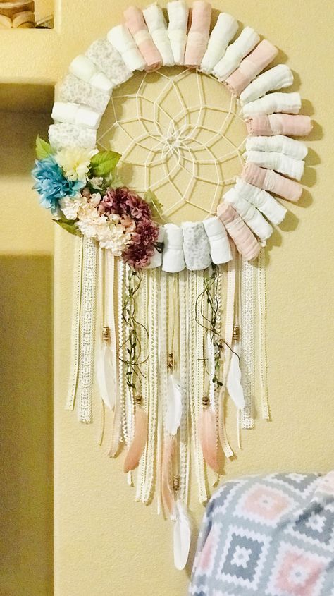 Dream Catcher Baby Shower Ideas, Baby Wreaths, Dreamcatcher Baby, Diaper Wreath, Sunflower Baby Showers, Baby Wreath, Inground Pool, Dream Catcher Diy, Dream Catcher Boho