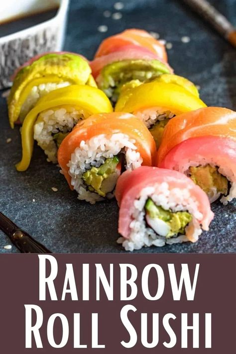 This uramaki sushi is a Japanese-American creation that is as fun to make as it is to eat! The inside of your sushi will be filled with crab, avocado, and cucumber, and then wrapped in seaweed and sushi rice. Your roll will be topped with mango slices, avocado, salmon, and tuna to achieve a beautiful rainbow effect. Rainbow Roll Sushi, Crab Avocado, Avocado And Cucumber, Mango Slices, Rainbow Roll, Sushi Recipe, Roll Sushi, 30 Minute Dinners, Seafood Recipes Healthy