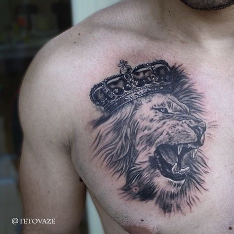 Lion tattoo #liontattoo #tattoo #crown @sasa_kelishaa_91 @Filip Jelic-Tattoo Portfolio Instagram @tetovaze Filip Jelic-Tattoo portfolio Lion Tattoo In Chest, Leo Chest Tattoo Men, Men’s Chest Tattoos Small, Men’s Lion Chest Tattoo, Lion Tattoo On Chest For Men, Lion And Crown Tattoo Design, Lion Neck Tattoo Men, Lion Tattoo On Neck, Rare Tattoos Men Chest