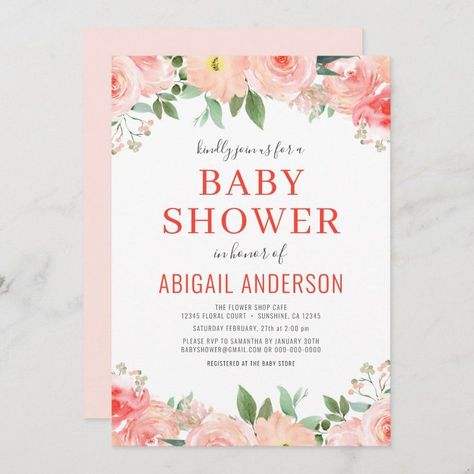 Coral Floral Baby Shower Peach Watercolor - Popular Zazzle Product! Best choice, tags : #invitations, #tshirt, #card, #InvitationsCard, #legging, #trending, #holiday Coral Baby Shower, Gender Reveal Invites, Peach Bridal Showers, Card Shower Invitations, Sweet Sixteen Birthday Invitations, Unique Baby Shower Themes, Peach Watercolor, Invitation Unique, Baby Shower Announcement