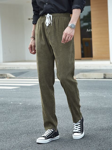 Army Green Casual   Corduroy Plain Straight Leg  Non-Stretch Fall/Winter Men Bottoms Cordiroid Pants Outfit Men, Green Corduroy Pants Outfit Men, Green Corduroy Pants Outfit, Green Pants Men, Dark Green Pants, Corduroy Pants Outfit, Corduroy Pants Men, Green Pants Outfit, Pants Outfit Men