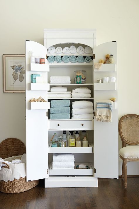 Our Paulette Pantry is a great freestanding storage cabinet, no matter where you use it. Here, we created a linen closet that can fit EVERYTHING! Towels, sheets, soaps, tissues, candles, linen spray, cleaners, and extra bath supplies. Plus it takes up very little floor space! Classy Bathroom, Bathroom Linen Closet, Freestanding Storage Cabinet, Bathroom Hacks, Diy Bathroom Storage, Freestanding Storage, Linen Cabinet, Massage Room, Linen Storage