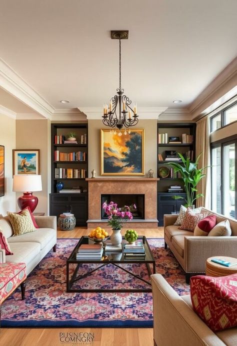 30 Stunning and Colorful Living Room Ideas You Haven’t Seen Before! Celebrity Living Rooms, Corner In Living Room Ideas, Colorful Transitional Living Room, Step Down Living Room Ideas, Living Room Inspiration Colorful, Eclectic Traditional Living Room, Colorful Living Room Ideas, Colorful Living Room Bright, Warm Living Room Colors