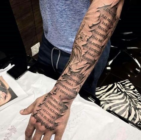 Writing Sleeve Tattoo, Writing Forearm Tattoo, Scroll Tattoo, Ripped Skin Tattoo, Scroll Tattoos, Mangas Tattoo, Forearm Tattoo Quotes, Half Sleeve Tattoos Forearm, Pawprint Tattoo