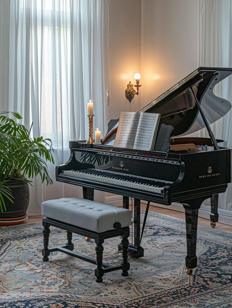 Midjourney AI Image: A peaceful indoor scene, with a black piano as the main item. On the piano, there is an open sheet m... → more in ai-img-gen.com Piano In Front Of Window, Piano Nook, Black Grand Piano, Grand Piano Room, Sheer White Curtains, Circular Carpet, Piano Pictures, Vintage Inspired Room, Music Sign