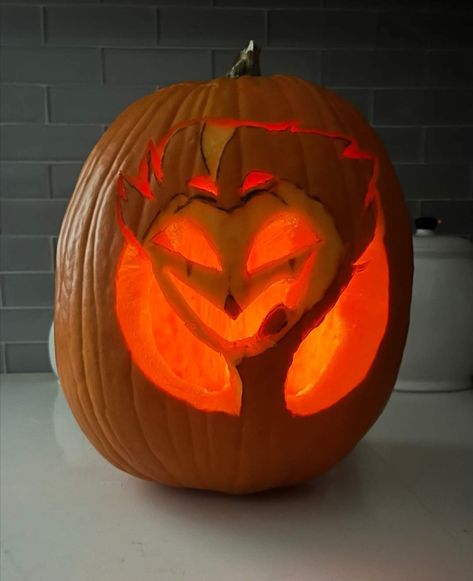 Pumpkin Carving Ideas Hazbin Hotel, Resident Evil Pumpkin Carving, Genshin Impact Pumpkin Carving, Genshin Pumpkin Carving, Helluva Boss Pumpkin Carving, The Owl House Pumpkin Carving, Hazbin Hotel Pumpkin Carving, Pumpkin Carving Ideas Long Pumpkins, Dnd Pumpkin Carving