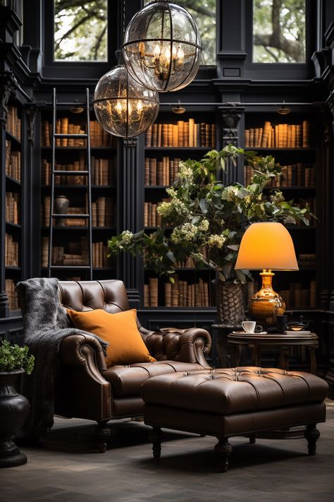 Dark Academia Interior Guide: Elegant Home Styling Academia Interior, Household Design, Dark Academia Interior, Home Library Rooms, Moody Vibes, Aesthetic Reading, Cozy Reading Corners, Dark Academia Decor, Library Room