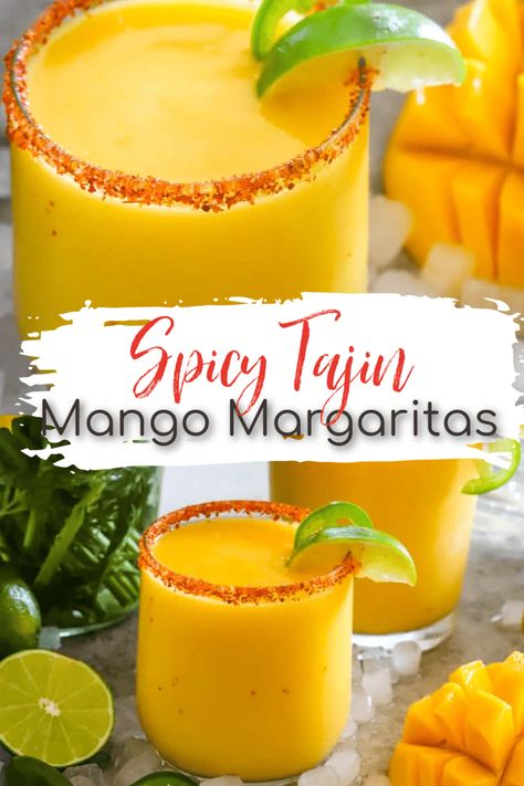 This Spicy Mango Margarita with Tajin is a spicy, fruity twist on the classic Mexican Margarita Cocktail! Bursting with tropical flavors and spicy zing, it's perfect for summertime sipping on a hot summer day. #margarita #mango #cocktail #summerdrinks Spicy Mango Margarita Recipe, Mango Jalapeno Margarita, Spicy Mango Margarita, Mexican Fruit Salads, Mango Margarita Recipe, Spicy Margarita Recipe, Frozen Mango Margarita, Mango Cocktail, Mexican Cocktails