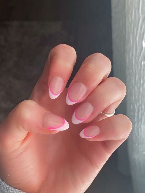 Simple French Tip With Design, Gel Extensions Ideas, Two Tone Pink French Nails, Summer Gel Nails Round, Nail Inspo Almond French Tip, Basic Nails Almond, Almond Nails Designs Simple, Simple Almond Nails Summer, Simple Gel Nail Ideas