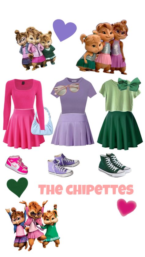 Halloween chipettes costume idea 🩷💜💚 Janette Chipmunk Costume, Chippetes Halloween Costume, Chipettes Costume Ideas, Eleanor Chipette Costume, Chipsets Costume, Chippetts Costume Halloween, Britney Chipette Costume, The Chippetes Costume, Chipetshalloween Costume