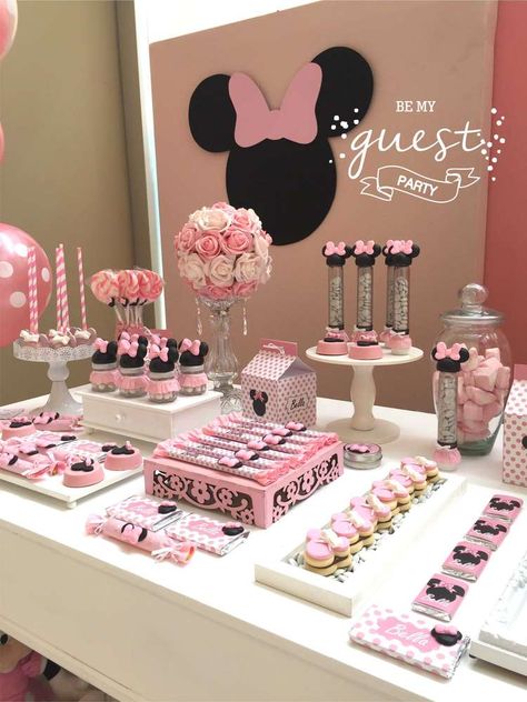 Bella's Minnie Mouse 1st birthday party  | CatchMyParty.com Minnie Mouse Fruit Platter, Minnie Mouse Birthday Party Table Decor, Mini Themed Birthday Party, Minnie Mouse Birthday Theme Decoration At Home, Minnie One Birthday, 1st Birthday Minnie Mouse Ideas, Mine Mouse Birthday, Mini Mouse Birthday Ideas, Minnie Mouse One Year Birthday