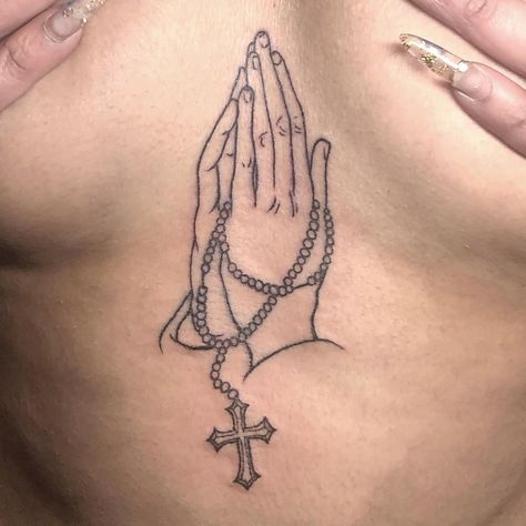 mila 🦇’s Instagram profile post: “praying hands and rosary sternum piece” Hands And Rosary Tattoo, Rosary Bead Tattoo Women, Prayer Hands With Rosary Tattoo, Rosary Hand Tattoos, Praying Hands Tattoo For Women, Hands Rosary Tattoo, Hands Praying Tattoo, Cross Chest Tattoo Female, Rosary Tattoo For Women Arm