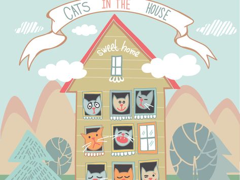 Cats House  by Marusha Anna Laura Cats, Cat House Illustration, Cat House Concept Art, Cat Children's Book Illustration, Cats House, Cats Illustration, Cartoon Cat, Cat House, Vector Background