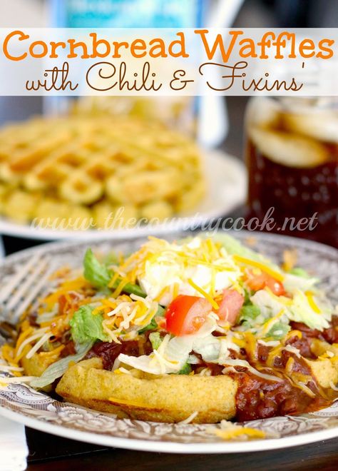 The Country Cook: Cornbread Waffles with Chili & Fixins' Soul Bowl, Cornbread Waffles, Food Thoughts, Waffle Iron Recipes, Waffle Bowl, Cornbread Easy, Waffle Maker Recipes, Food Kiosk, Creative Recipes