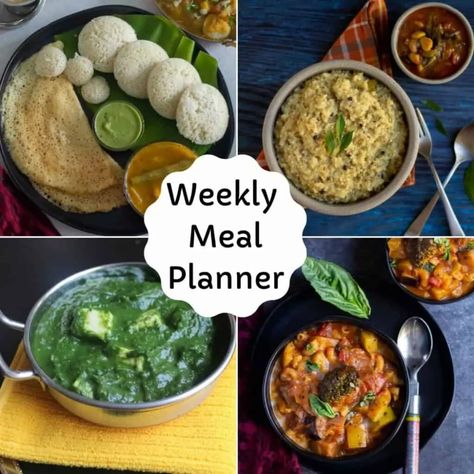 Meal Planning Indian Food, Weekly Meal Plan Indian Vegetarian, Meal Plan Indian, Vegetarian Menu Planning, Weekly Dinner Menu, Meal Planning Menus, Weekly Dinner, Vegetarian Meal Plan, Vegetarian Meal Prep