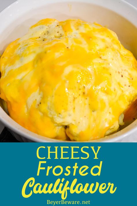 Cheesy Frosted Cauliflower is a whole head of cauliflower, steamed and then frosted with a combination of mayonnaise and mustard and then covered in cheese before quickly roasting in the oven. This is a great low-carb or keto recipe. #Cauliflower #Cheese #EasyRecipes #Recipes #SideDishes #LowCarb #Keto Baked Cheesy Cauliflower Whole Head, Cheesy Cauliflower Head Bake, Mustard Cauliflower Bake, Whole Roasted Cauliflower With Mayo And Cheese, Cheese Califlour, Frosted Cauliflower, Baked Cauliflower Head, Cauliflower Surprise, Cheesey Cauliflower