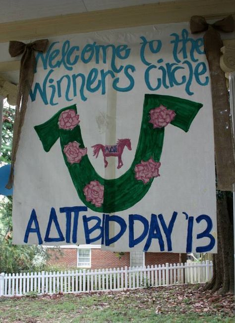 Adorable ADPi bid day banner! Bid Day Banner, Alpha Delta Pi Sorority, Sorority Sugar, Bid Day Themes, Pi Phi, Chair Ideas, Alpha Delta Pi, Alpha Delta, Like A Lion