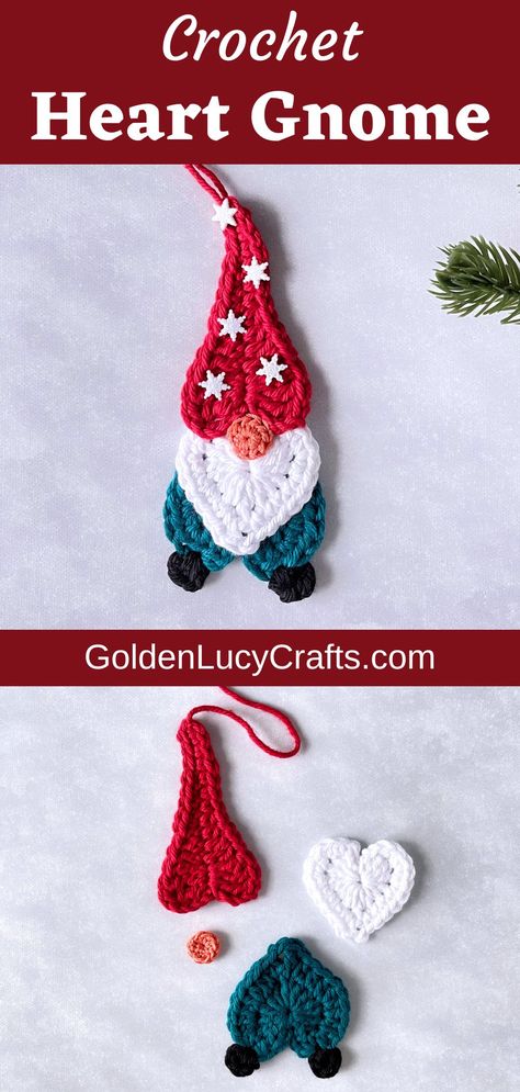 Crochet gnome ornament made from hearts.