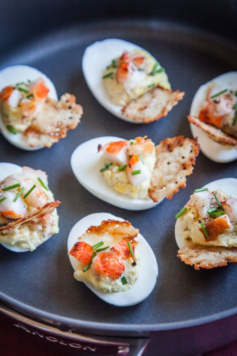 Lobster and Chives Deviled Eggs with Truffle Salt and Parmesan Crisp. Meat Ideas, Devil Eggs, Parmesan Chips, Truffle Salt, Parmesan Crisps, Meat Appetizers, Lobster Recipes, Deviled Eggs Recipe, Deviled Egg