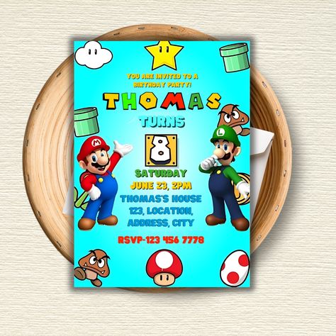 Level up your Super Mario birthday party with custom Super Mario invitations and fun Super Mario party decorations! Whether you're planning a Super Mario Brothers themed event or a full-on Super Mario party, this Super Mario invitation template makes it easy to create the perfect invite. Get ready to bring the Mushroom Kingdom to life and make your celebration unforgettable! Super Mario Bros Birthday, Super Mario Brothers Party, Super Mario Invitation, Mario Bros Birthday, Super Mario Birthday Party, Invite Card, Mario Birthday Party, Super Mario Birthday, Super Mario Party