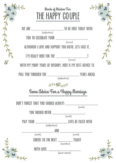 These mad libs from Love vs. Design are perfect for any wedding with | 14 Free, Fun, and Printable Wedding Mad Libs | POPSUGAR Smart Living 50 Wedding Anniversary Party Games, Renewal Vows, Anniversary Party Games, Wedding Mad Libs, Anniversary Games, Advent Ideas, Jungle Wedding, Marvel Party, Wedding Reception Games