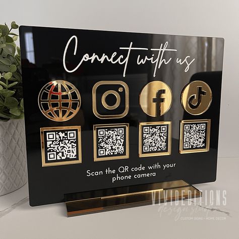 Multi (4) QR Code Business Social Media Sign - Blush Pink Matte / Silver Mirror Social Media Qr Code Sign, Social Media Wall, Acrylic Business Sign, Wax Studio, Qr Code Business, Backdrop Wall, Custom Business Signs, Acrylic Wall Decor, Social Media Signs