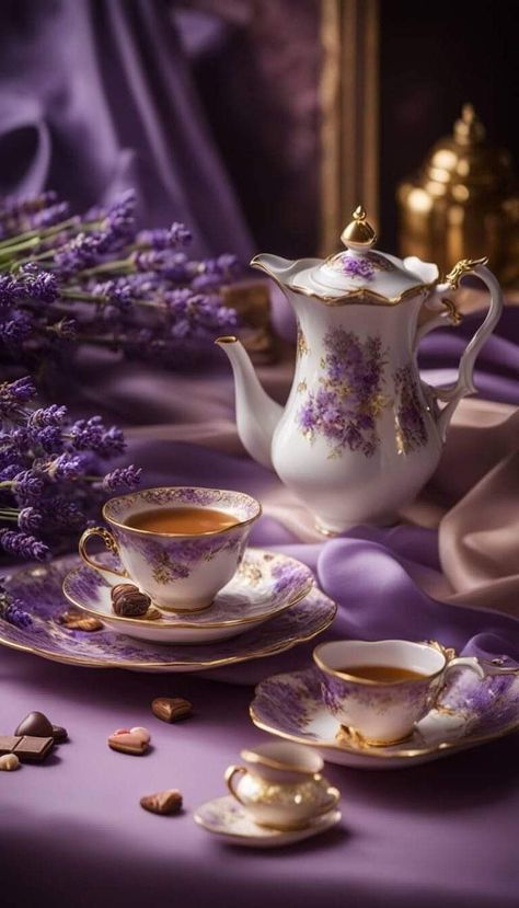 Teapot And Cup, Lavender Cottage, Perfume Photography, Pretty Tea Cups, Beautiful Tea, Teapots And Cups, Porcelain Teapot, All Things Purple, Flower Tea