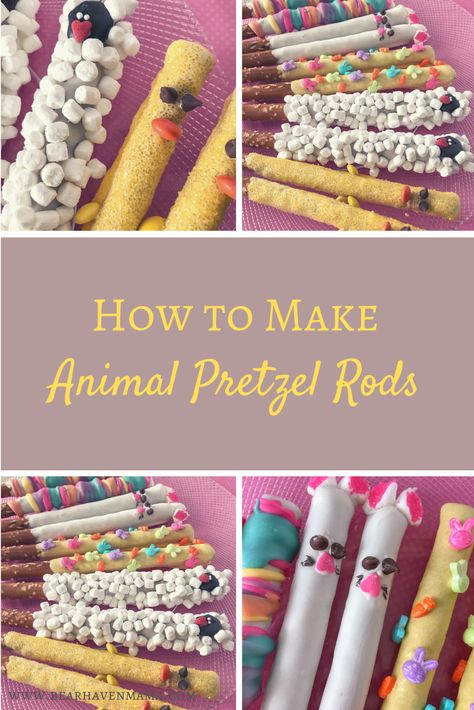 Farm Animal Pretzel Rods, Farm Kids Party, Farm Party Food, Farm Party Foods, Fun Foods To Make, Dipped Pretzel Rods, Lavender Candy, Food Pop, Farm Themed Party