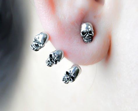 - One Skull Stud w/ Three Wrap Around Skull Earrings - You get a pair of earring (2) one for each ear. - Each Skull is .25" - Pewter Metal - UNISEX - Great for Men or Women - Surgical Steel / hypoallergenic Post Base Rocker Outfits, Skull Earring, Gothic Bracelet, Skull Lover, Skull Clothing, Earring Stud, Skull Fashion, Skull Jewelry, Skull Earrings