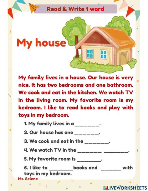 My House Reading Comprehension, House Descriptions Writing, Rooms In The House Worksheet, My House Worksheet, English Excercise, House Worksheet, Story Mapping, House Description, 2nd Grade Reading Comprehension