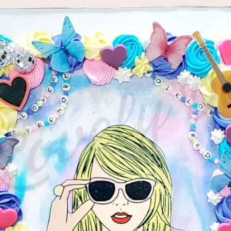 Christina Fikes on Instagram: "🦋🎸🎶 Taylor Swift themed sheet cake with lots of colorful decorations! This cake is almost entirely edible - the only exception being the disco balls.

Thanks for looking and Have A Lovely Day!

#cakes #cakesofinstagram #cakedecorator #cakedecorating #cakedesign #customcake #sheetcake #birthdaycakes #birthdaycakeideas #taylorswift #taylorswiftcake #prettycakes #musiccake #swiftie #edibleimages #buttercream #ediblecakedecorations #kansascitycakes #kansascitybakery #kansascitysmallbusiness #kcmo #kcmoms #shopsmall #shoplocal #homebaker #homebakingbusiness #cottagebakery #alovelyday🎂" Instagram Taylor Swift, Taylor Swift Cake, Music Cake, Colorful Decorations, Edible Cake Decorations, Baking Business, The Only Exception, Disco Balls, Edible Images