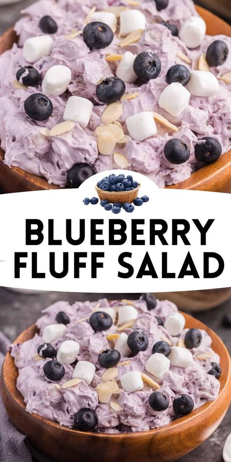 Blueberry fluff is a cool and creamy no-bake dessert salad made with blueberry pie filling, sweetened condensed milk, Cool Whip, pineapple chunks, sliced almonds, and mini marshmallows. The simple recipe takes 5 minutes to make and is perfect Spring and Summer parties, potlucks, and backyard BBQs. Blueberry Fluff Salad, Blueberry Fluff, Fluff Salad Recipes, Fluff Salad, Blueberry Salad, Canned Blueberries, Fluff Recipe, Fluff Desserts, Blueberry Pie Filling