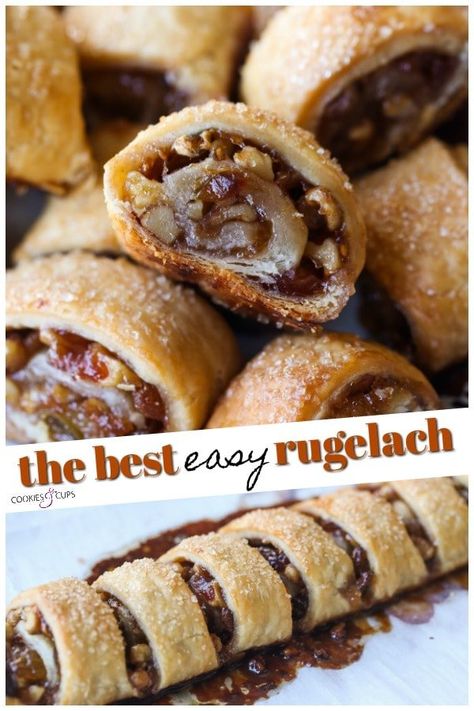 This Easy Rugelach Recipe is classic, delicious, and packed with tons of flavors and textures. Rugelach is a cream cheese pastry dough that is simple to make, but seems fancy and can be made with lots of different fillings. #cookiesandcups #rugelach #pastry #holidaybaking Rugelach Recipe Easy, Easy Pastry Desserts, Fancy Cookie Recipes, Rugelach Cookies, Pastry Rolls, Rugelach Recipe, Cream Cheese Pastry, Recipe Cookies, Cheese Pastry