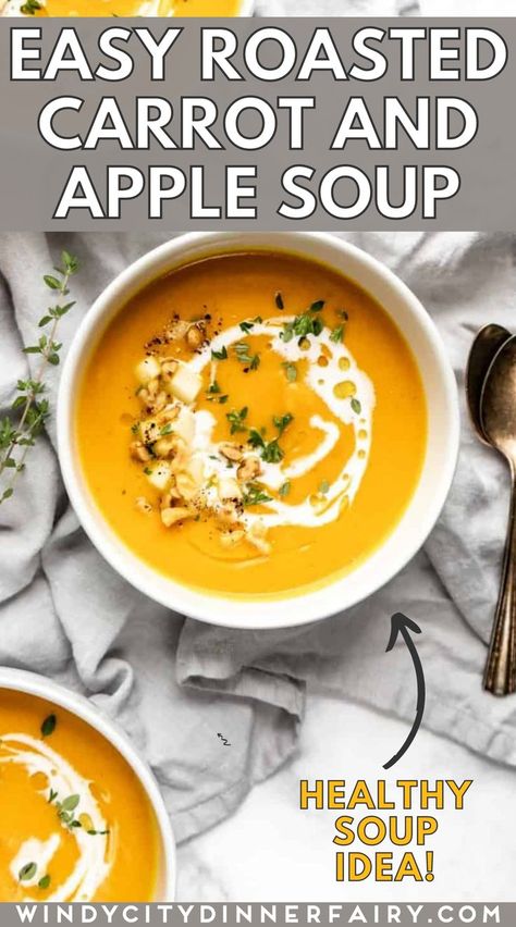 Roasted Carrot And Apple Soup, Pureed Carrot Soup, Soup Receipts, Carrot Apple Soup, Blended Soup Recipes, Rainbow Rangoli, Blended Soups, Soup With Apples, Kawaii Baking