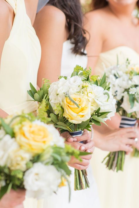 Yellow, White and Green Bridesmaid Bouquets White And Yellow Bouquet Wedding, Yellow Bridal Flowers, Light Yellow Bouquet, Epcot Secrets, Pale Yellow Wedding Theme, Card And Gift Table, Green And Yellow Wedding, Light Yellow Weddings, Pale Yellow Weddings