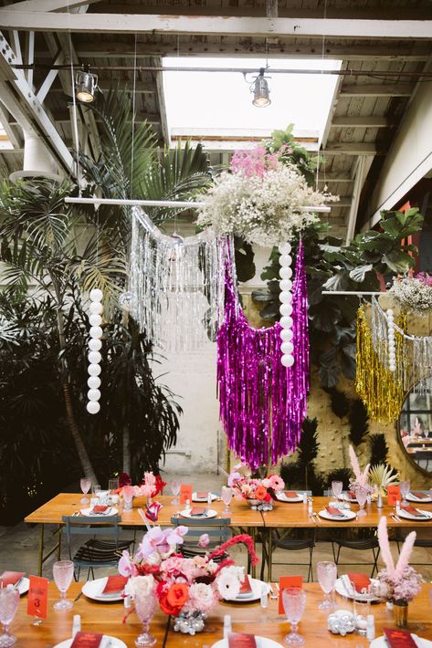 disco inspired wedding reception at Millwick in DTLA with hanging tinsel installations #DTLAwedding #colorfulweddingplanner #losangelesweddingplanner Tropical Disco Wedding, Disco Reception, Maximalist Party, Tropical Disco, Deep Red Wedding, Silver Wedding Dress, Colorful Weddings, Heart Wedding Cakes, Disco Wedding