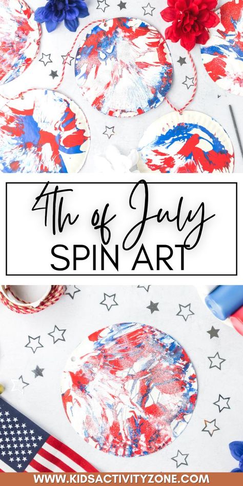 A patriotic craft that's easy for kids! This 4th of July Spin Art uses a salad spinner to paint a red, white and blue painting on a paper plate. Kids will have so much fun doing this 4th of July craft for kids. Forth Of July Toddler Art, Fourth Of July Fine Motor Activities, 4th Of July School Age Activities, Fourth Of July Art Work For Toddlers, 4th Of July Process Art, Patriotic Diy, Holiday Activities For Kids, How To Make Banners, Spin Art