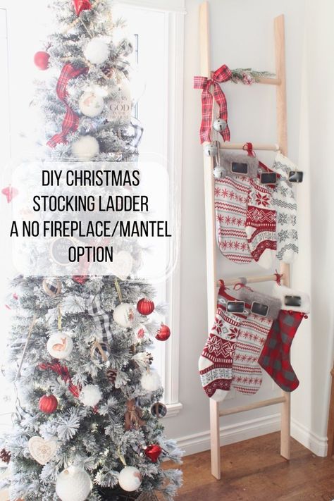 A wooden ladder leaning against the wall with red Christmas stockings hung-beside a frosty decorated Christmas tree. A great option for no fireplace or mantel. Christmas Stocking Ladder, Stocking Hanging Ideas, No Fireplace Mantel, Stocking Ladder, Diy Christmas Stocking, Diy Ladder, Christmas Stockings Diy, Winter Home Decor, Fireplace Mantel