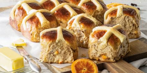 Hot Cross Buns142JBheader English Recipes, Breakfast Pastry, Hot Cross Bun, Baking Buns, Candied Orange, Yeast Breads, Candied Orange Peel, Orange Blossom Water, Sweet Rolls