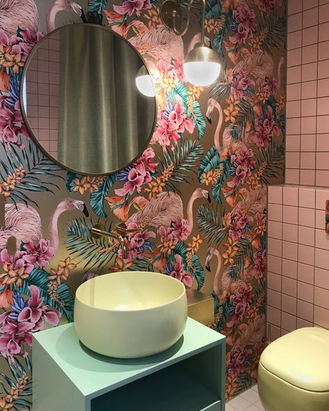 The Watermark Collection on Instagram: “Go Maximalist in the bathroom with bold wallpaper, pink tiles and pastel fittings. Shown is our Loft two hole basin tap in Tarnished Brass.…” Wc Decoration, Bold Interior Design, Bold Bathroom, Wallpaper Bathroom, Downstairs Toilet, Toilet Room, Small Toilet, Pink Tiles, Bold Wallpaper